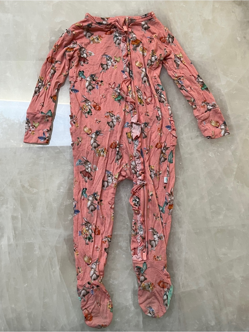 Posh Peanut Pink Bunny & Floral Ruffle Butt Footed PJ